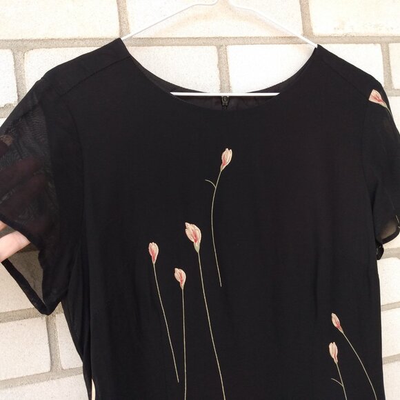 Vintage 90s Black Chiffon Dress with Flowers Size 8 Made in Canada by Braemar - Picture 3 of 13